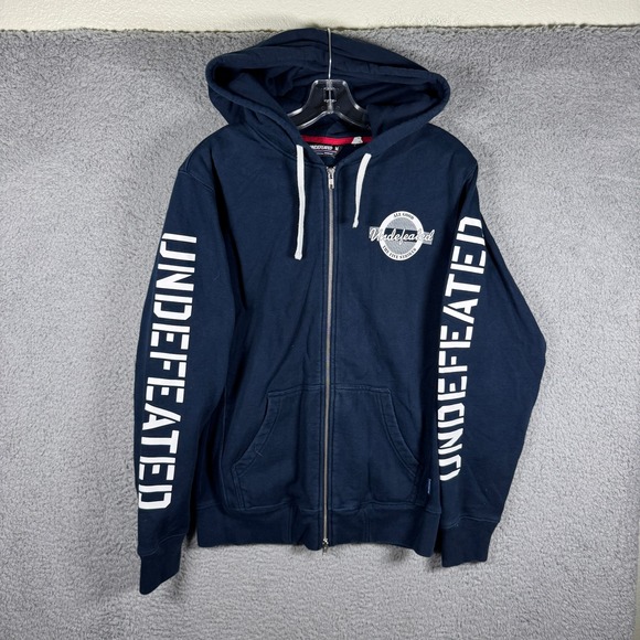 Undefeated Other - Y2K Undefeated Mens Navy Blue Graphic Full Zip Hoodie Logo Sleeves Medium 2000s
